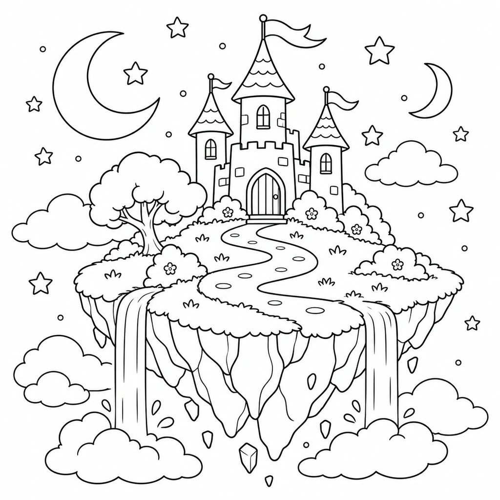 Storybook castle on a floating island with a winding path, stars and moons