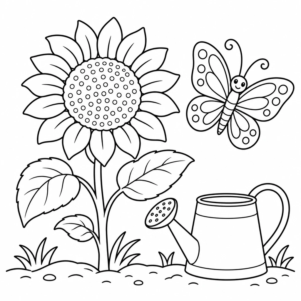 Sunflower, butterfly and watering can with clear outlines for coloring