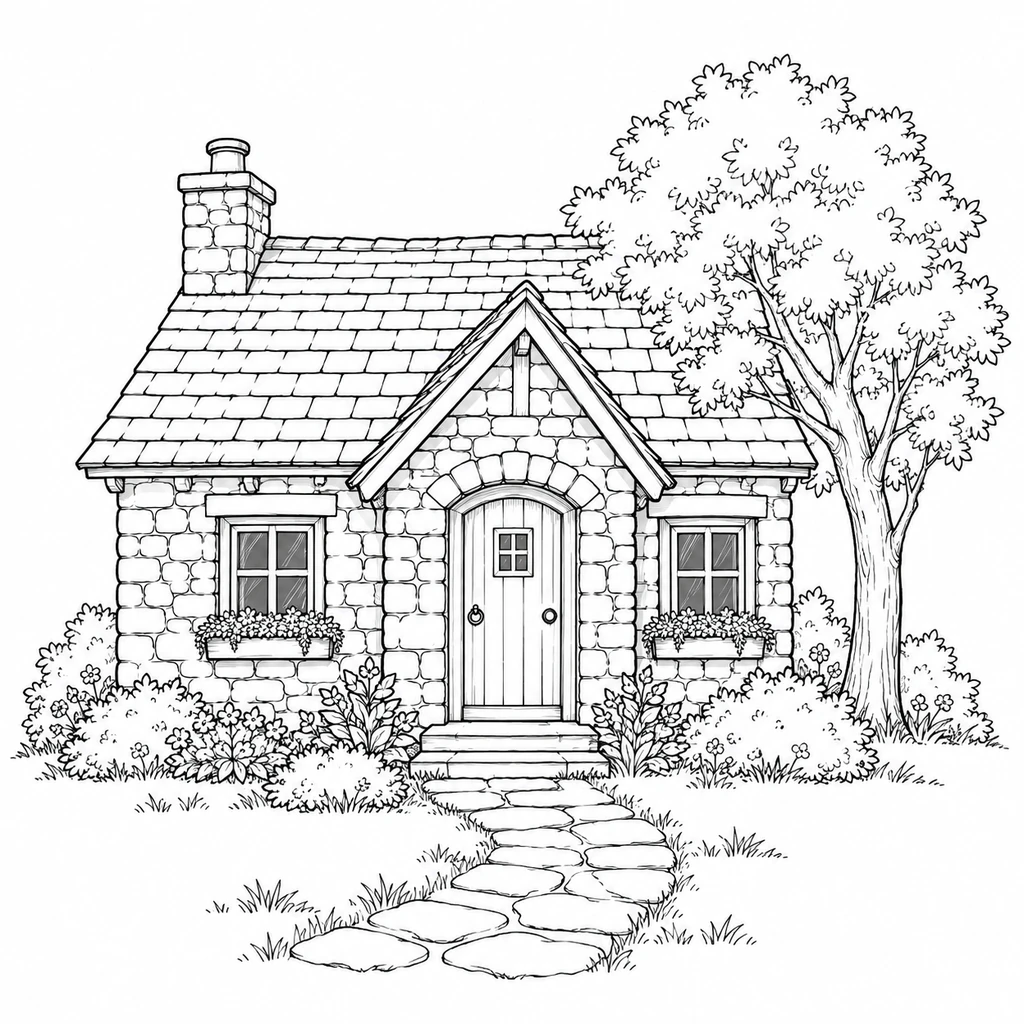 Architectural line art of a stone cottage with a pitched roof, a tree, and a garden path