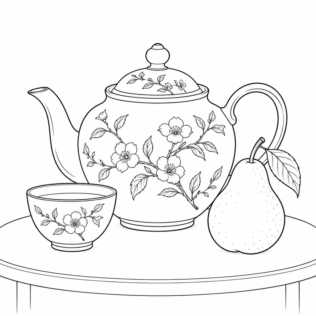 Still life line drawing of a teapot, teacup, and pear on a table
