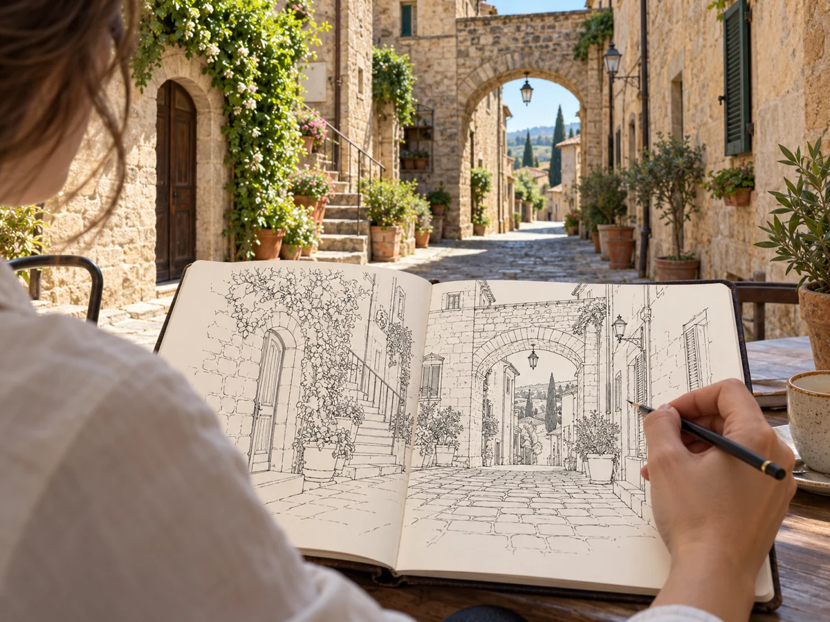 A sketchbook drawing of a stone village street with an archway and surrounding buildings