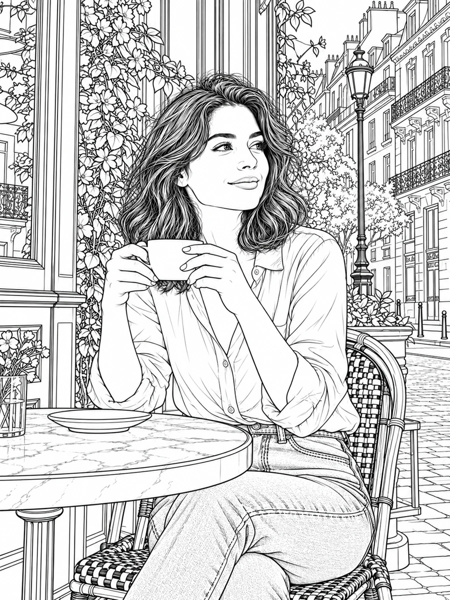 Detailed line drawing preserving the cafe portrait and surrounding architecture