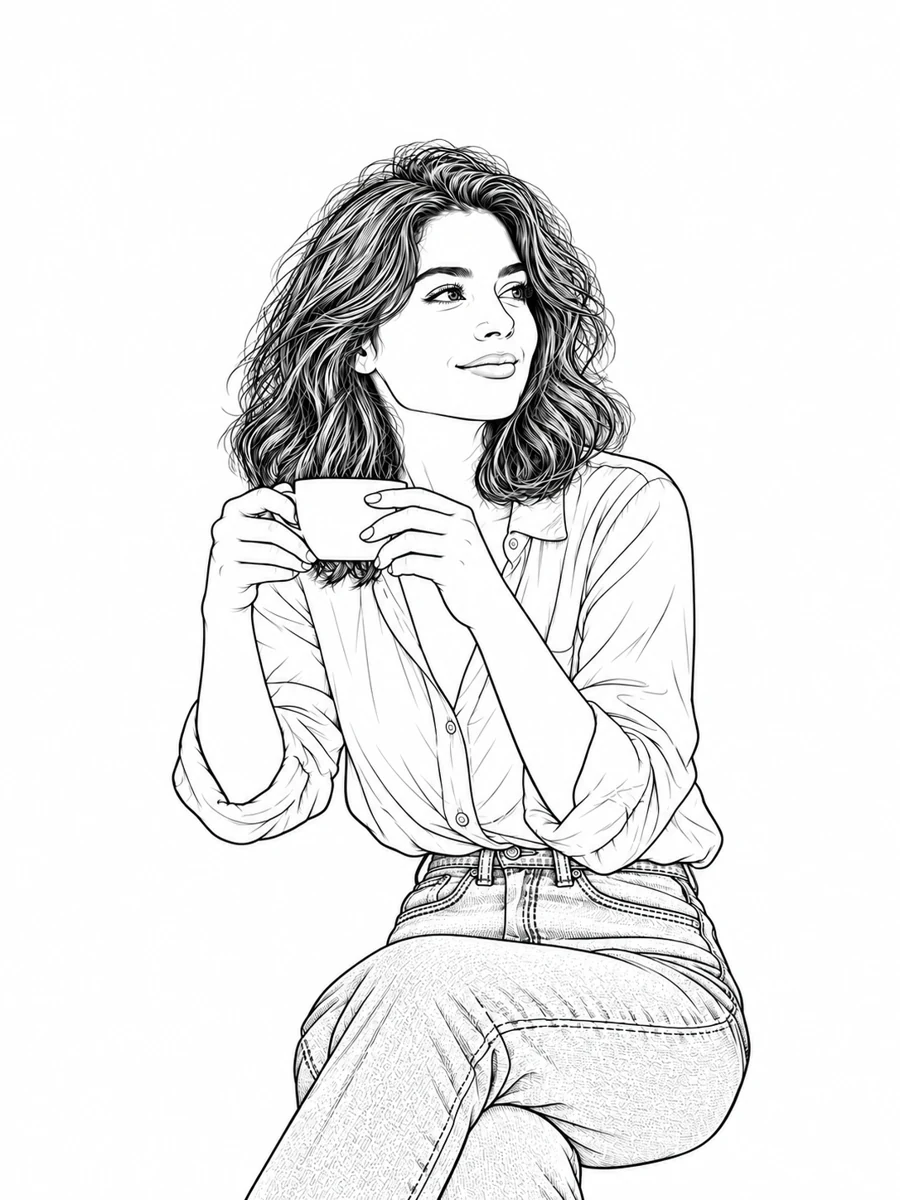 Isolated outline of the woman and coffee cup with surrounding scenery removed