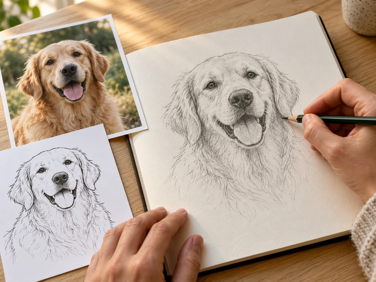 Drawing practice with a golden retriever photo, an outline reference, and a shaded pencil study