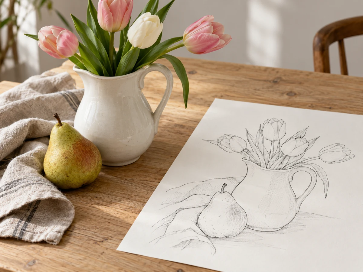 Tulips in a white pitcher beside a pear and a drawing of the still-life arrangement