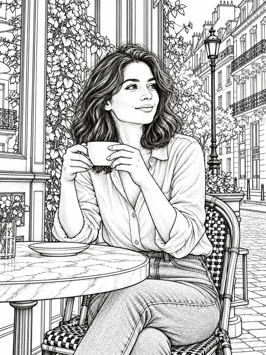 Vintage pen-and-ink contour illustration of the cafe portrait